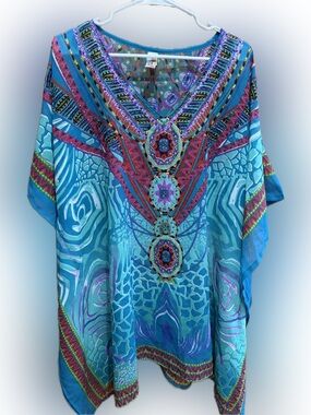 India Boutique Turquoise & Purple Beaded V-Neck Tunic OS